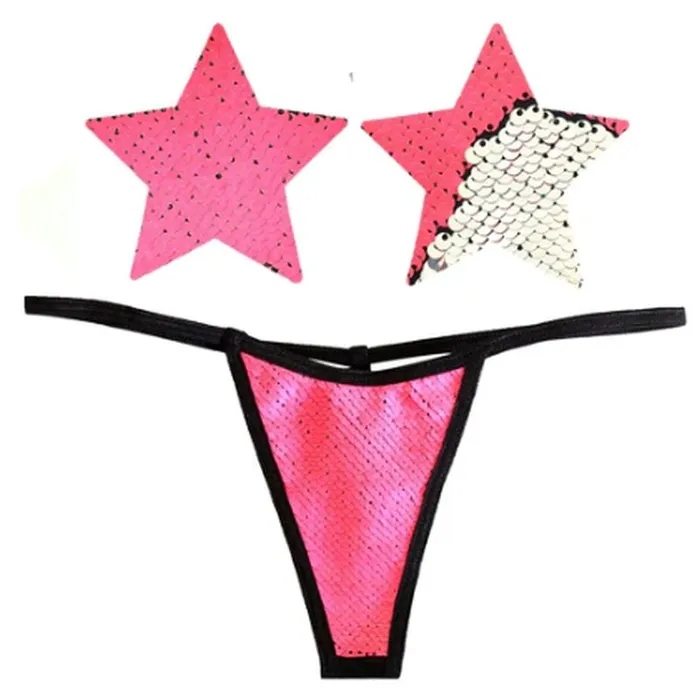 Dildos Bitchin Neon Pink and Silver Blacklight Sequin Pastie and Panty Set Neva Nude