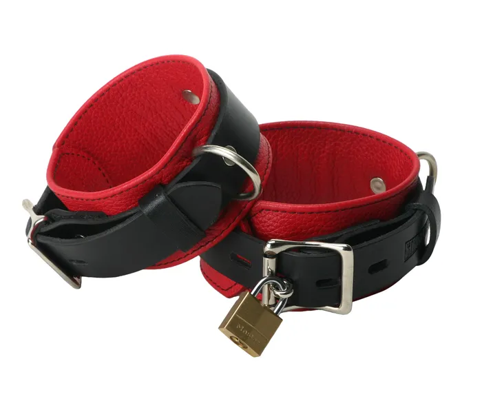 XR Brands Restraints Strict Leather Deluxe Black and Red Locking Wrist Cuffs